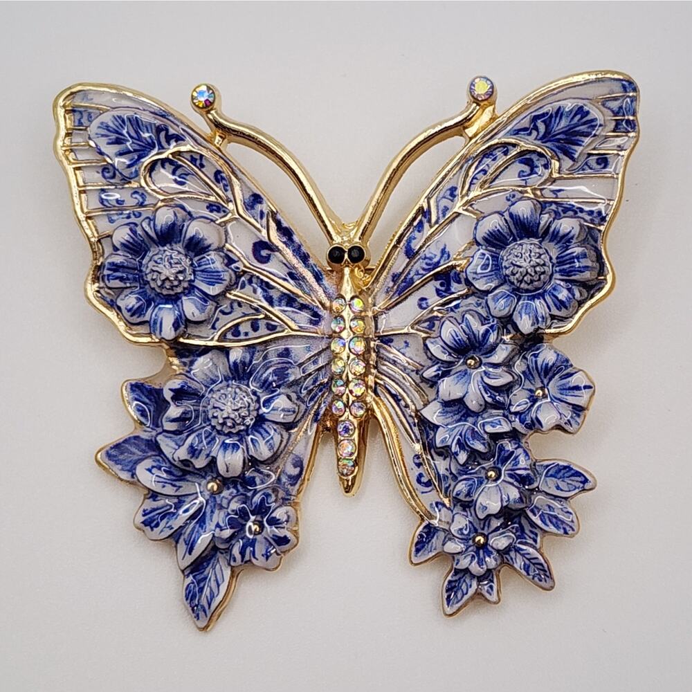 Butterfly Brooch Blue & White Delft Style Wings Metal and Rhinestones